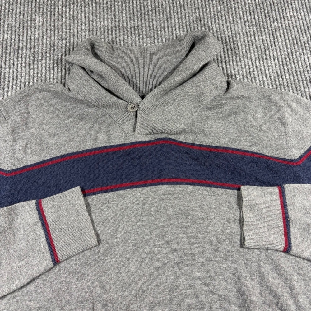 Gap Sweater Mens L Gray Shawl Neck Pullover Navy Red Stripe Cotton Blend‎